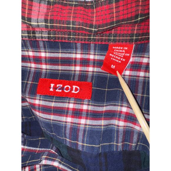 Izod Plaid Mixed Patchwork Button Down Fun Shirt Men Medium Green Blue Tartan - Picture 4 of 8